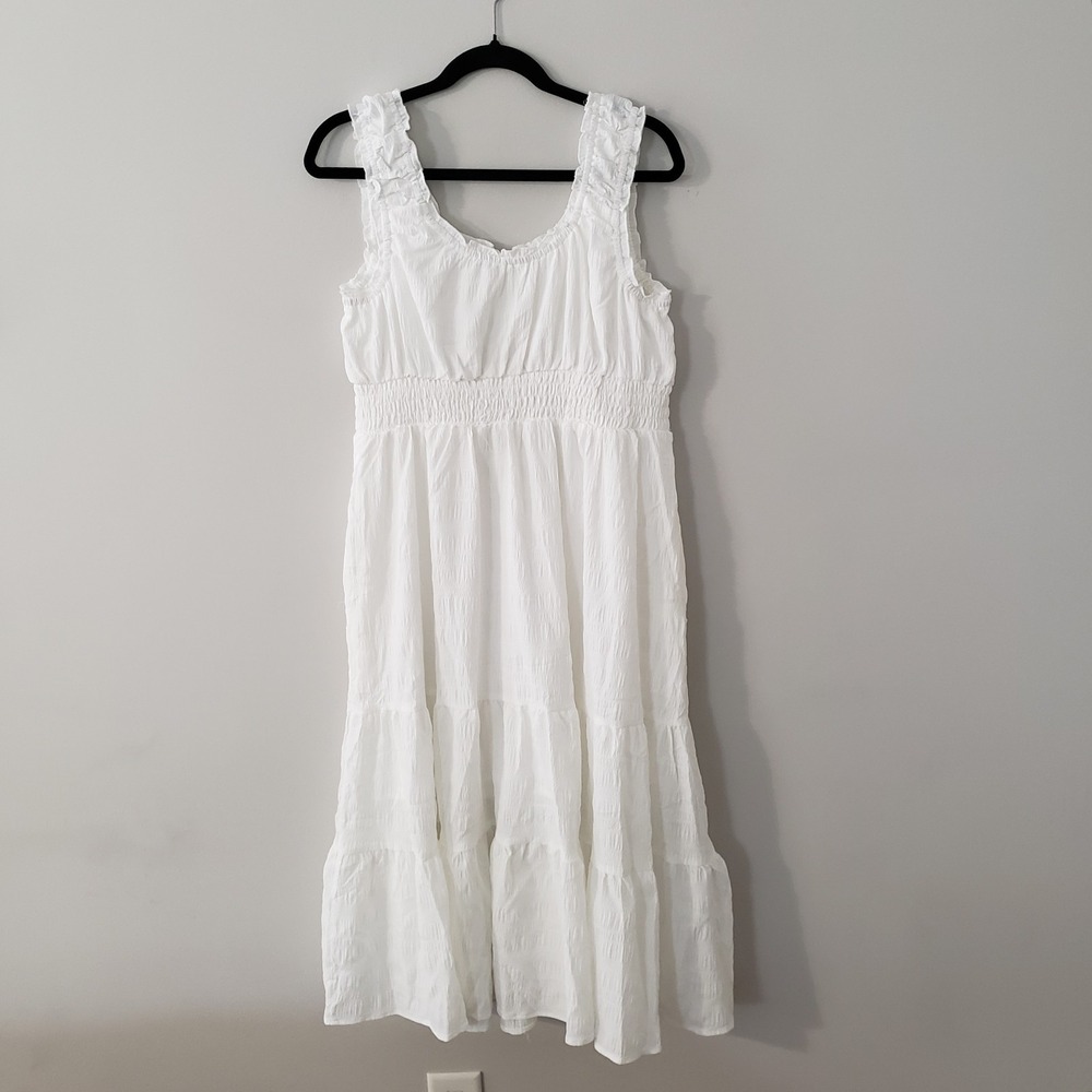 Cottagecore Tiered Boho Midi Dress SZ L Fairy Prairie Flowy Bridal Shower White